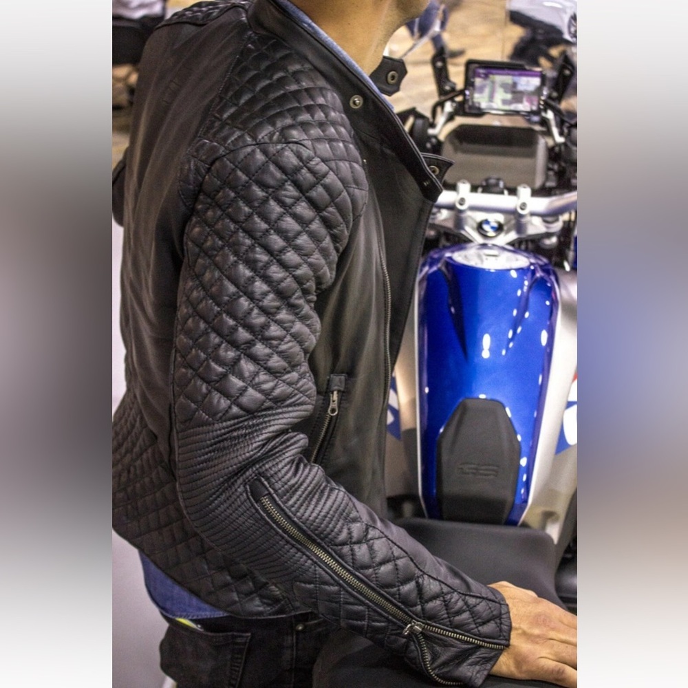 NWT Men's Black Genuine Leather Guilted Moto Cafe Riding Biker Jacket
